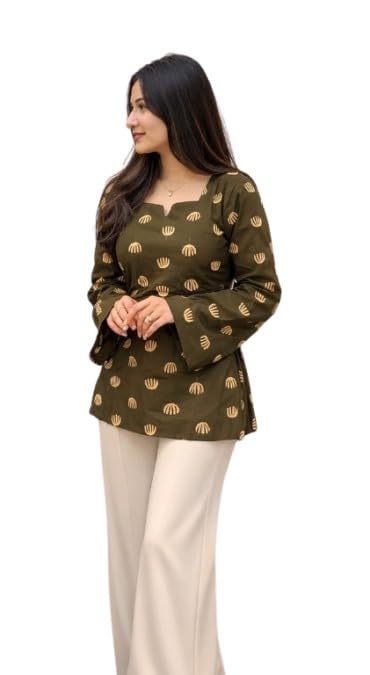 Women's Cotton Short Kurti with Lotus Print | Elegant Square Notch Neck | Full Sleeve Ethnic Kurti Kurti for Office & College | Deep Oilve Green-image-33