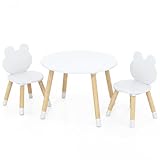 FANTASK Kindertisch mit 2 Stühlen, Frosch Design, 3-teilige Sitzgruppe aus Kiefernholz, Runder Maltisch für Kinder ab 3 Jahren (Weiß)