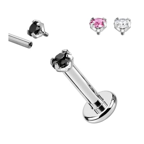 Image of Titanium G23 Internally Threaded CZ Earring - High Polish 16G for Ear, Helix, Tragus, Nose & Lip - Hypoallergenic 4 mm Flat Back with Clear, Pink, Black tops in 7mm and 8mm Length - SOLD AS ONE PIECE