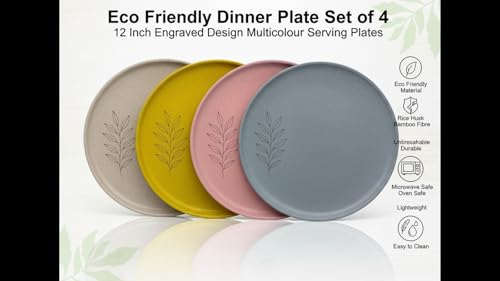 Image of Happy Cove Eco-Friendly Dinner Plate Set of 4, 12 Inch with Engraving Design | Biocomposite Rice Husk & Bamboo Fibre Serving Plates | Unbreakable, Microwave Safe, Oven Plate, Multicolour