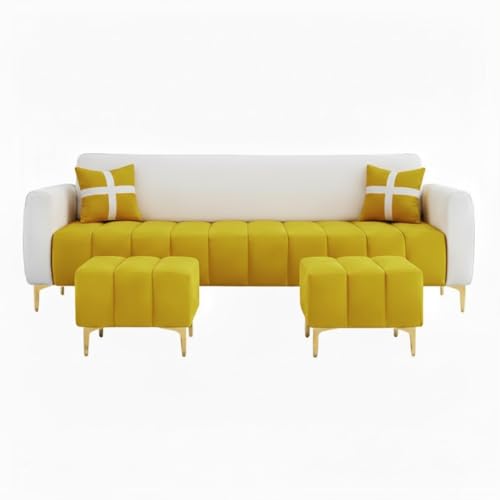 Image of Melody 3 Seater Modular L Shape Sofa Set with 2 Ottoman| Soft Velvet Upholstery, Sturdy Wooden Frame | Modern Sofa for Living Room, Hall & Office Spaces (Yellow-Light Grey)