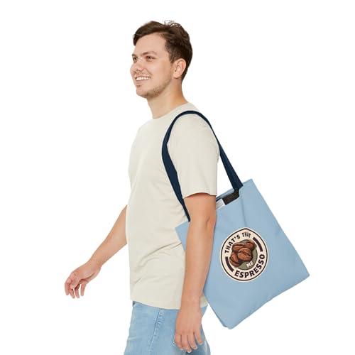 That's That Me Espresso Tote Bag – Light Blue Canvas Coffee Lover’s Tote with Fun Logo & Coffee Stain Back3