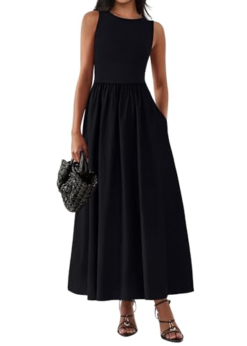 KIRUNDO Sleeveless Maxi Dresses for Women 2025 Spring Summer Mixed Fabric Pocketed Elegant Wedding Guest Flowy Tank Dress