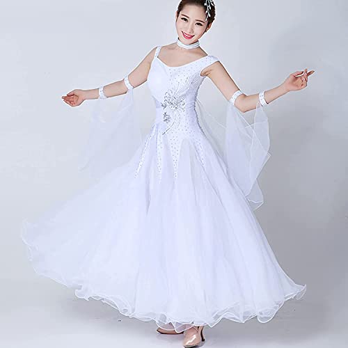 Fisecnoo Vestidos De Baile De Salón Estándar Nacional para Mujer, Traje De Baile De Competición Moderno, Falda De Salsa De Vals con Diamantes De Imitación (Color : White, Size : M.) Cover