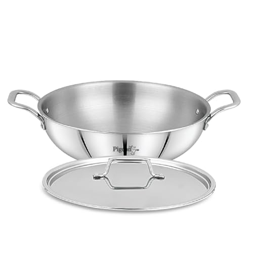 Image of Pigeon Tristeel Triply Stainless Steel Kadai 5900ml (30cm) with Lid | ISI Marked Jumbo Kadhai for Induction & Gas | Heavy Bottom Rust-Free Cookware
