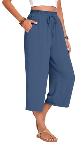 Image of Anyhold Women's Capri Pants Drawstring Casual Palazzo Trousers with Pockets Loose High Waisted Wide Leg Lounge Pants