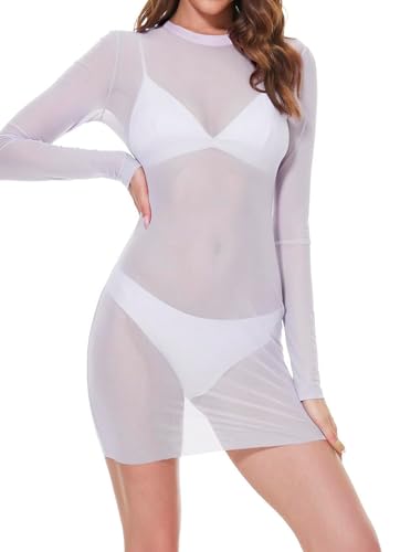 MIZSPISE Damen Badeanzug Cover Up Langes Strandkleid Sexy Bodycon Durchsichtiges Blusenkleid Tüll Minirock mit Langen (DE/NL/SE/PL, Alphanumerisch,...