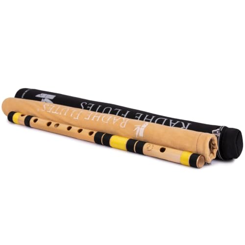 Image of Radhe Flutes Bamboo Bansuri C Sharp Right Handed Middle Octave (18 inch) With Hard Cover (Beige Flute With Black & Yellow Threads)