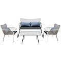 SereneLife Outdoor Living Rattan Furniture, Includes 1 Double & 2 Single Chairs with Cushion & 1 Glass-top Coffee Table 4 Piece Conversation/Chat Set (Light Grey)