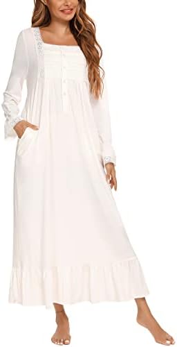 Rubehoow Victorian Nightgown for Women Soft Cotton Long Sleeve Pajama Dress Full Length Ladies Vintage Sleepwear with Pockets White