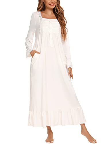 Rubehoow Victorian Nightgown For Women Soft Cotton Long Sleeve Pajama Dress Full Length Ladies Vintage Sleepwear With Pockets White #TOP28