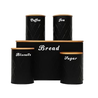 Oypla 5pc Black Bamboo Lid Kitchen Canister Storage Tin Set Bread Biscuits Tea Sugar Coffee