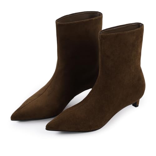 FancyQueen Ankle Boots for Women Low Heel Pull on Kitten Heel Boots Suede Pointed Toe Wide Calf Short Boots Ankle Booties Comfort2