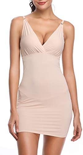 JOYSHAPER Full Slips for Under Dresses Women Full Body Shaping Control Slip V Neck Adjustable Spaghetti Straps Long Nightgown (Beige-upgraded, Medium)