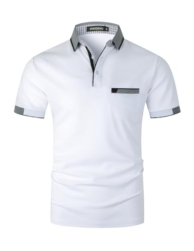 VHUQGVU Polo Homme Manches Courte Classic Check Cotton T-Shirt Regular Stand Collar Shirt with Pocket Golf and Rugby Chemise,Blanc Y24,L