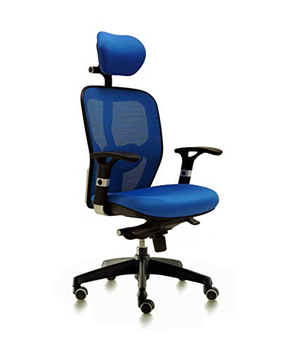 Euromof Sillón Giratorio de Oficina Gama Profesional. Silla de Oficina con cabecero Regulable y Brazos. Silla de Oficina ergonómica Respaldo de Malla, Uso intensivo. (Azul)