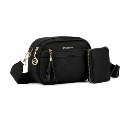 Bolsa Feminina Tiracolo Pequena 3 Zíperes Couro Sintético QUBCCUM (Preto)