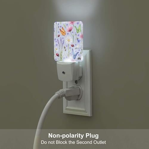 Image of Wild Flowers and Insects Butterflies Night Light,Plug Into Wall for Boys Girls Bedroom Decorative Square Night Light Lamp 0.5w Sleep Friendly