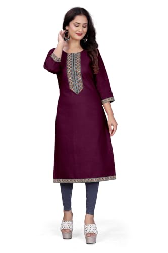 Image of Women A-line Cotton Blend Round Neck 3 /4 Sleeve Embroidered Kurti Only