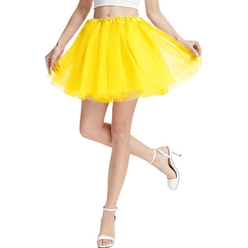 PLULON Yellow Tutu for Women Adults 5 Layers Neon Short Tutus Skirt Puffy Elastic Tulle Dance Ballet Bubble Skirts Halloween Costume 80s Outfit for Girls Teens Bachelorette Party Fancy Dress
