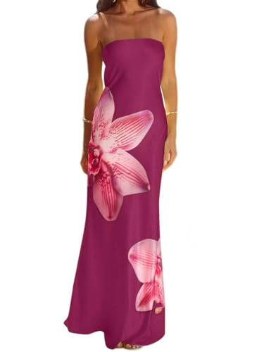 Image of Sastianaen Women Y2k Strapless Maxi Dress Floral Print Tube Dress Split Bodycon Long Dresses Summer Going Out Streetwear