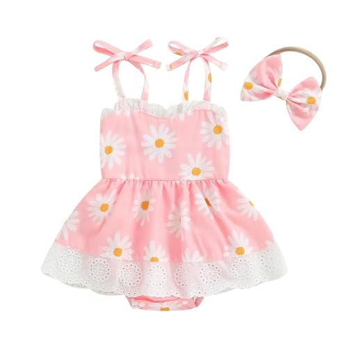 Image of Karuedoo Newborn Baby Girl Summer Romper Dress Strap Sleeveless Daisy Romper Jumpsuit Bodysuit Cute Infant Girl Summer Outfit (Pink, 3-6 Months)