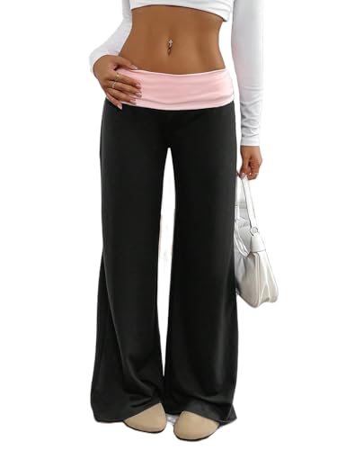 Seyurigaoka Fold Over Flare Legging for Women Low Rise Wide Leg Foldover Yoga Pants Bell Bottoms Teen Girls Cute Sweatpants (Contrast Pink Black S)