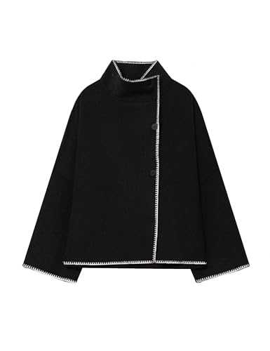 Image of Bnigung Womens Stand Collar Wool Coat Oversized Contrast Stitching Button Down Cropped Wool Blend Jacket with Pockets(Black-M)