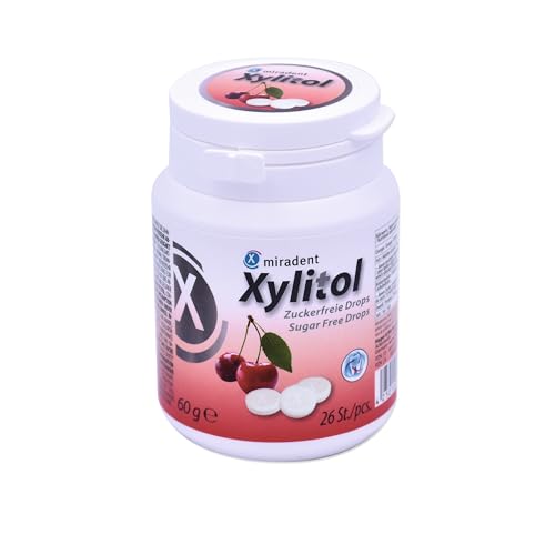 miradent Xylitol Drops Kirsche 60g Dose | Zahnpflege Lutschbonbons | zuckerfrei | fruchtiger Geschmack | kariespräventiv | vegan | glutenfrei