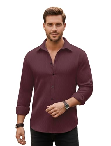 Image of DEELMO Men's Regular Fit Button Down Dress Shirts Textured Long Sleeve Casual Hawaiian Shirt (in, Alpha, 2XL, Regular, Dusty Rose-New)