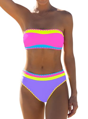 Image of popvil Bikini Sets for Women Bandeau Swimsuits Strapless Two Piece Bathing Suits Neon Swimwear for Beach Vacation 2026
