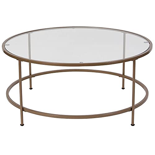 Flash Furniture Astoria Collection Round Coffee Table - Modern Clear Glass Coffee Table - Brushed Gold Frame #TOP3