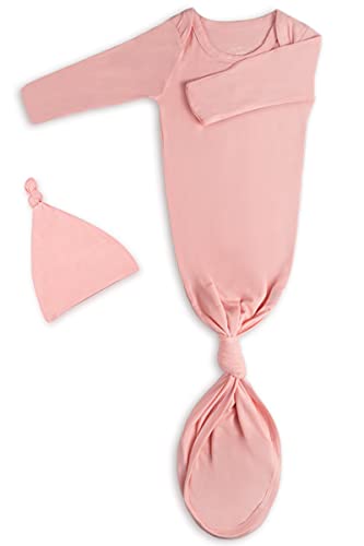 Image of Newborn Baby Knotted Gown, Super Soft Silky Infant Long Sleeve Sleeper for Baby Girl and Boy Sleeping Bag with Hat (Sweet Pink, 0-3 Months)