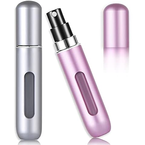 ExceLife 2 Pack 8 ml Perfume Atomisers, Travel Size Mini Portable Perfume Fragrance Empty Spray Bottle, Bottom Refill Scent Pump Case for Traveling and Outgoing, Pink & Silver Cover