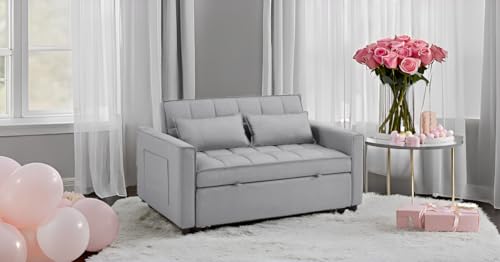 Image of 2-in-1 Convertible Loveseat Sofa Bed with Pull Out Bed and Storage Sectional Counch for Living Room, Apartment, Bedroom, Office, Light Gray