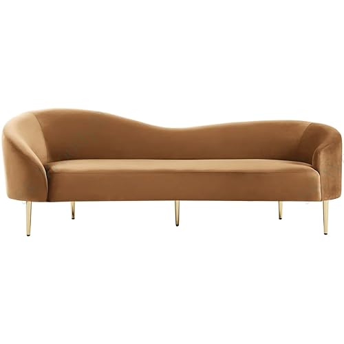 Image of Rosewood Luxury Curved Sofa in Premium Velvet-Fabric | Solid Wood Structure | High Density Foam | Sturdy Golden Legs | Comfortable & Stylish Couch for Modern Living Room (Saddle, 3 Seater)