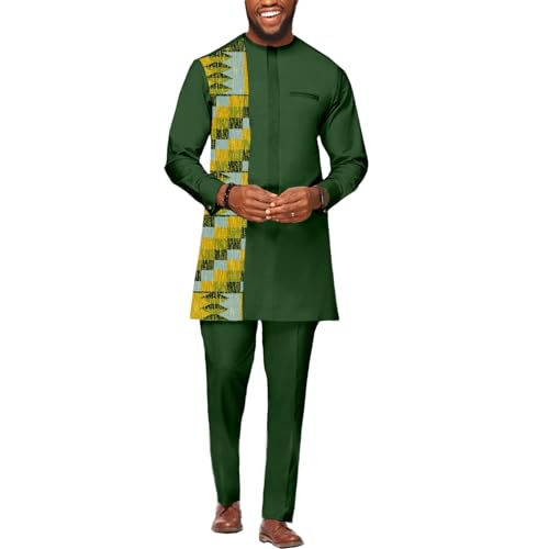 African Suit for Men Traditional Dashiki Patchwork Top Shirt and Pants Outfits 2 Piece Set Nigerian Attrie Clothing