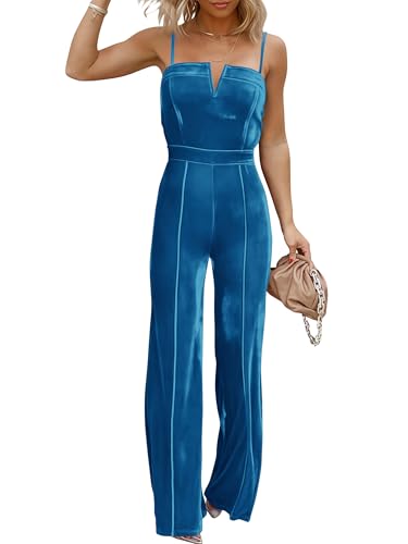 YIQ8 Sleeveless Velvet Jumpsuits For Women V Neck Spaghetti Straps Wide Leg Long Pants Dressy Rompers Spring Overalls Navy Medium