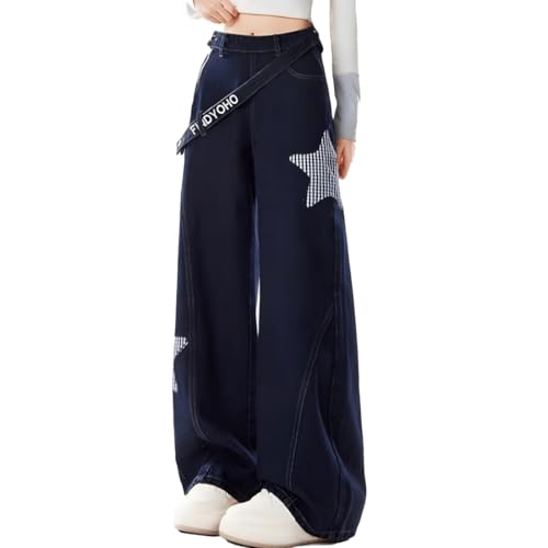 Y2K Gothic Grunge Kawaii Clothes Vintage Casual Straight Wide Leg Plaid Stars Applique Decor Jeans for Women