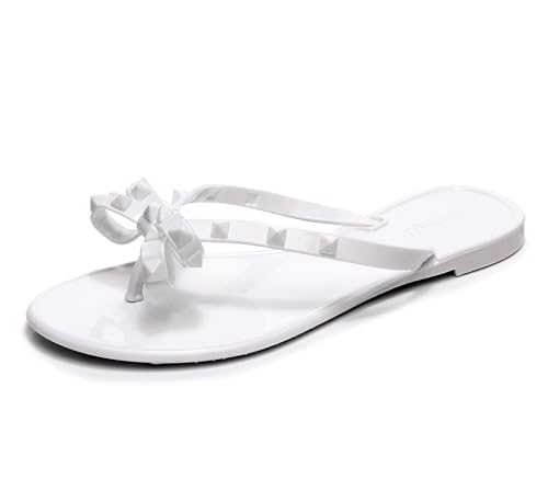 Image of Studded Jelly Shoes for Womens Bow Flip Flops Jellies Sandals Flat Black Summer Beach Thong with Rivets Strappy Slides Slip On