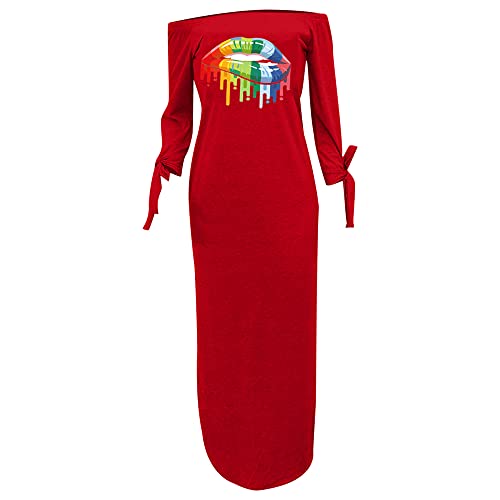 Nhicdns Womens Plus Size Bodycon Maxi Dress Off The Shoulder Summer Bohemian Colorful Print Casual Long Sleeves Split Romper Red Xl… #TOP2