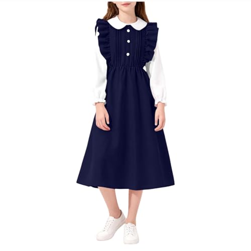 Saxrel Vestido de manga larga con botones y cuello de muñeca para niña, vestido casual de línea A, cómodo para la escuela y salidas de ocio, faldas plisadas para niños, trajes de viaje en capas con