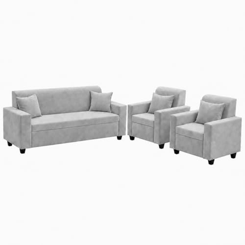 Image of FURNY QualityWood 3 Seater + 1 Seater + 1 Seater Fabric Sofa Set (Light Grey) with Velvet Finish | Durable Comfort | Ideal for Living Room