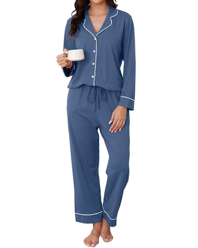 Reliwel Dampyjamas bomull med knappslå pyjamas set lång V-ringad pyjamas tvådelad lång loungewear hemmadräkt PJs bekväm topp och pyjamasbyxor, blå, XL