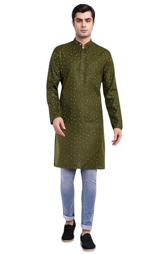 Image of SKAVIJ Mens Cotton Long Sleeve Tunic Printed Kurta