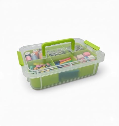 Image of plastic boxes for Storage transparent boxes for storage, Portable & Stackable Space Saving Organiser with Lid for Medicine, Jewelry, Arts & Crafts, Buttons, Beads (Green, 1 TIER WITH 1 TRAY)