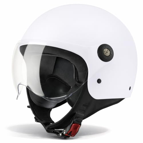 VINZ Duoro Casque Moto Type Jet pour Scooter et Cyclomoteur | pour Hommes et Femmes | Tailles XS à XXL | Visière Intégrée | Homologué ECE 22.06 - Blanc Mat