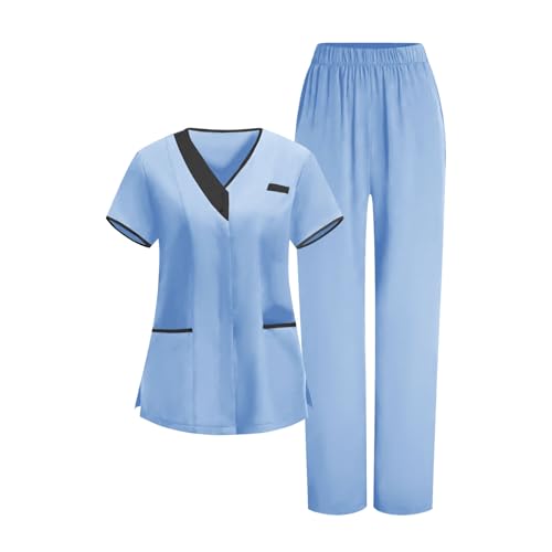 Image of 2026 Scrub for Cleaning Jobs Uniform, Multi Pockets Scrubs for Women Sets, V-Neck Top & Straight Leg Pants Scrubs Set