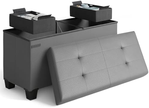 Storage Ottoman Bench with Bins, 30-in Storage Bench for Bedroom End of Bed, Folding Foot Rest Ottoman for Living Room Max 660lbs, Faux Leather Ottomans, Grey