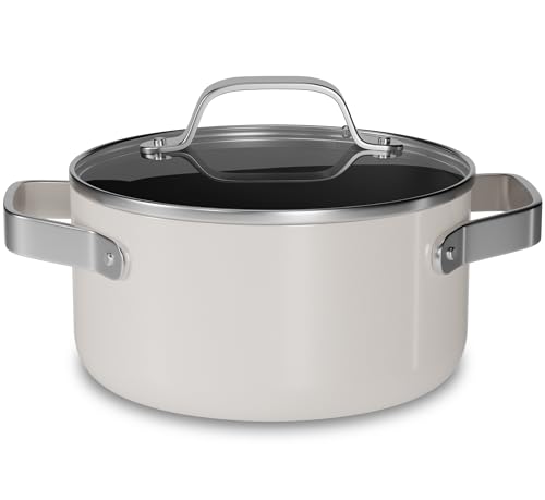 Bakken 3 Quart Ceramic Coated Stock Pot with Lid, Easy to Clean Nonstick Pot, Tempered Glass Lid, Riveted Stainless Steel Handles, Oven Safe Up To 500°F, PTFE & PFAS Free, All Stove Compatible, Cream